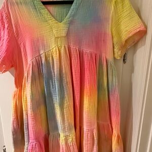 Pastel Rainbow Tie-Dye V-Neck Midi Dress